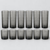 Gray Vintage Hobnail Drinking Glass Set shows twelve matching highball and rocks tumblers on pale gray.