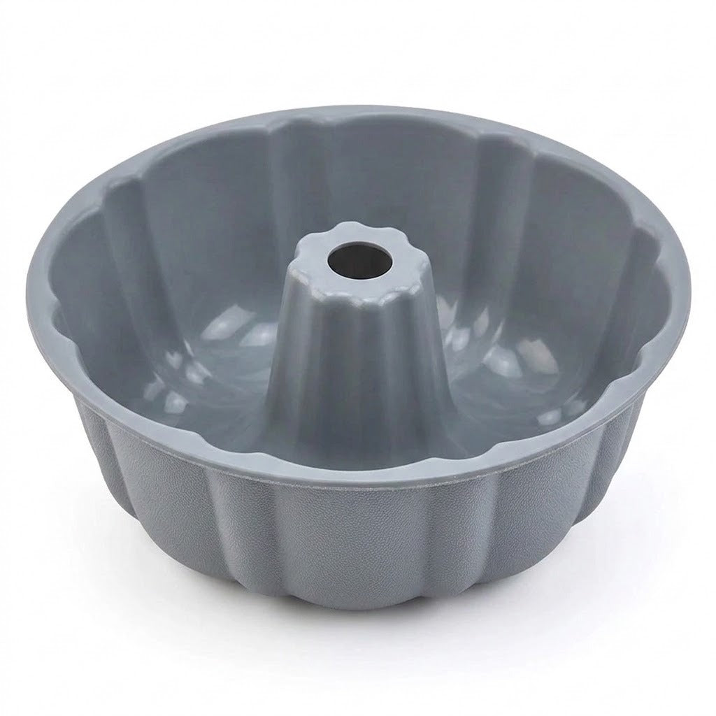 A gray silicone or non-stick bundt cake pan with a fluted rim and central tube, shown on a clean white background.