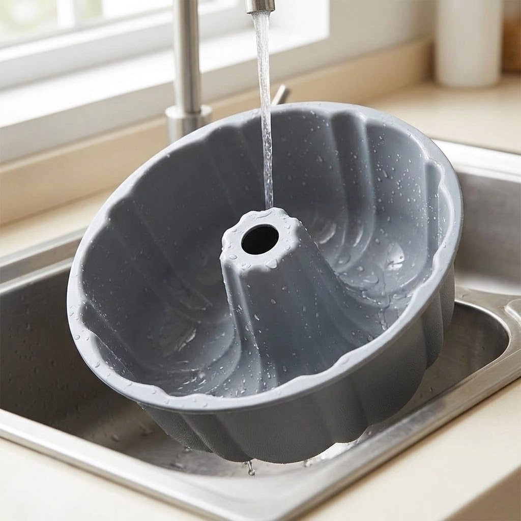 A gray silicone bundt cake pan sits in a stainless steel kitchen sink with water running from a faucet.