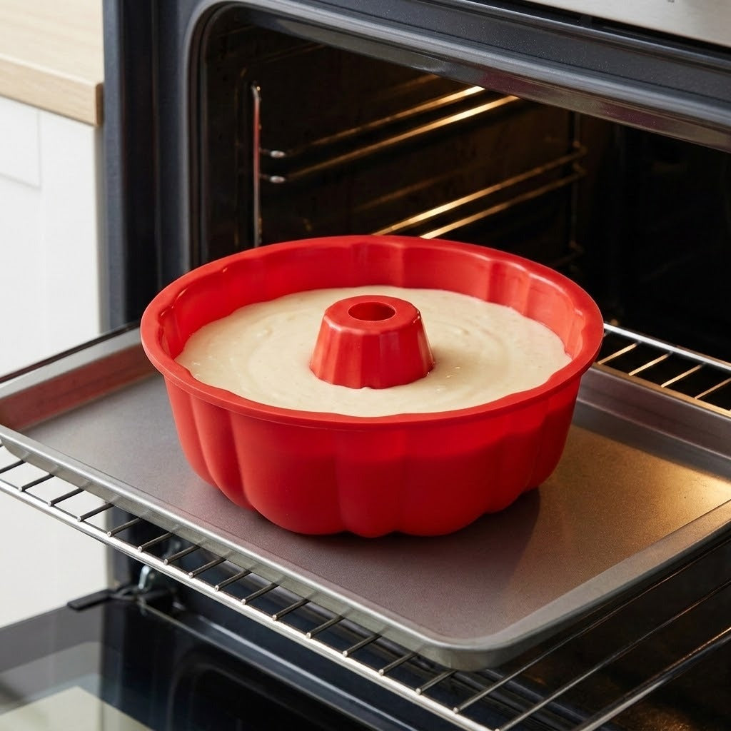 A red fluted bundt cake pan filled with batter, shown inside an open oven on a metal baking tray.