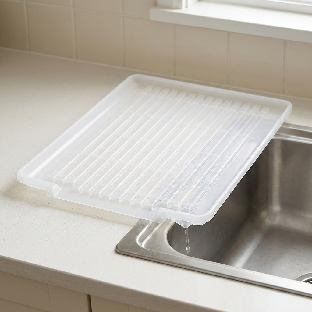 A white plastic kitchen sink drain drying rack placed over a stainless steel sink on a light countertop, with water dripping into the basin.