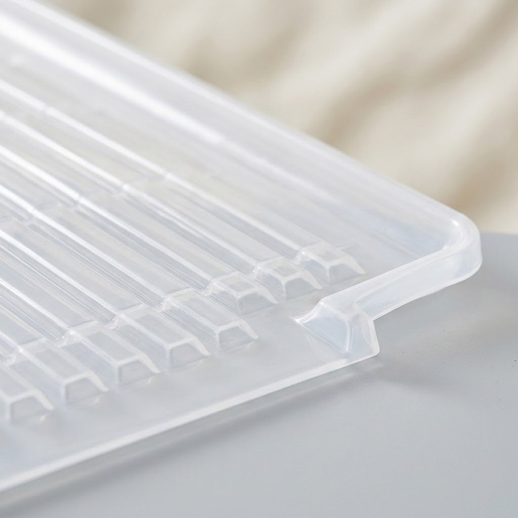 Close-up of a transparent plastic tray with a ribbed bottom and a small tab on the right side, resting on a light gray surface with a soft beige background.