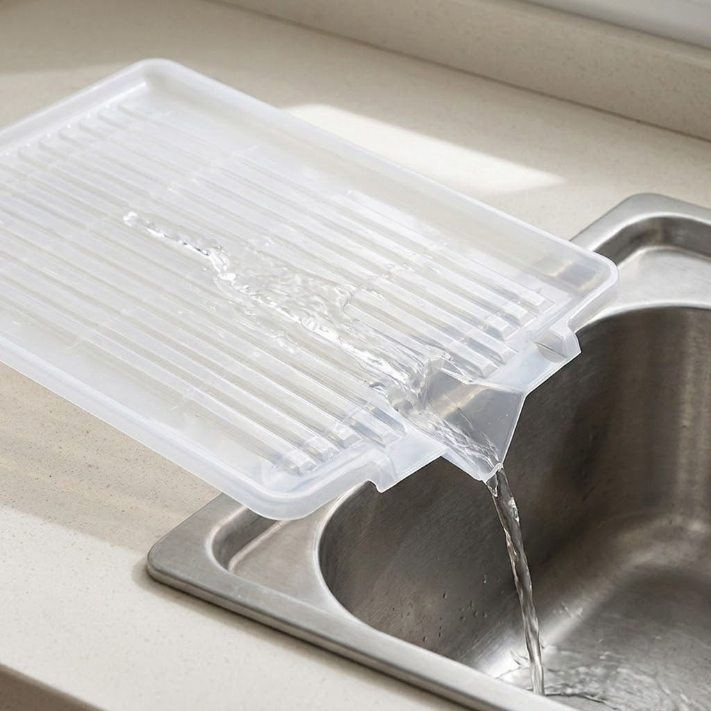 A translucent white plastic sink drain cover with ridges and a small pouring spout, shown draped over a stainless steel kitchen sink with water flowing into the basin.