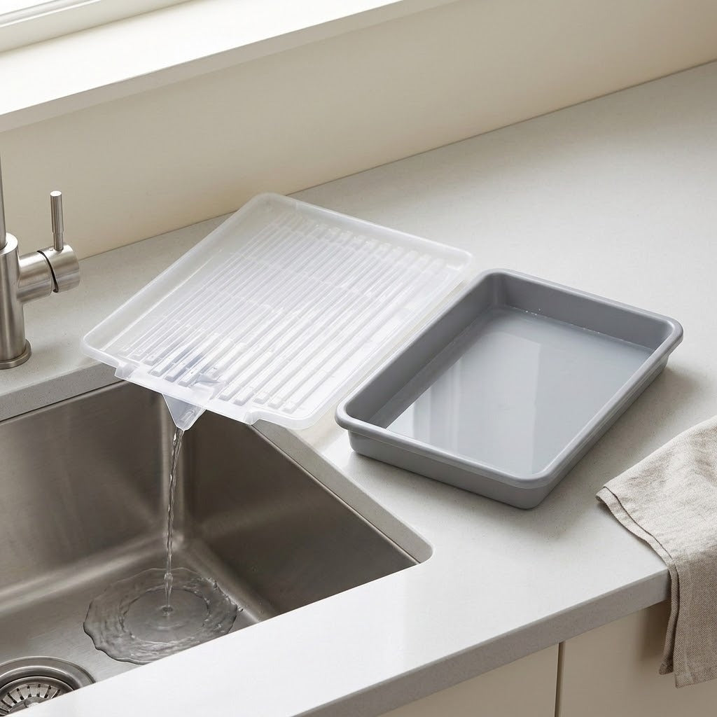 A gray rectangular dish rack with a clear plastic slide tray resting on a white kitchen sink, with water draining into the sink and a folded beige towel on the counter.