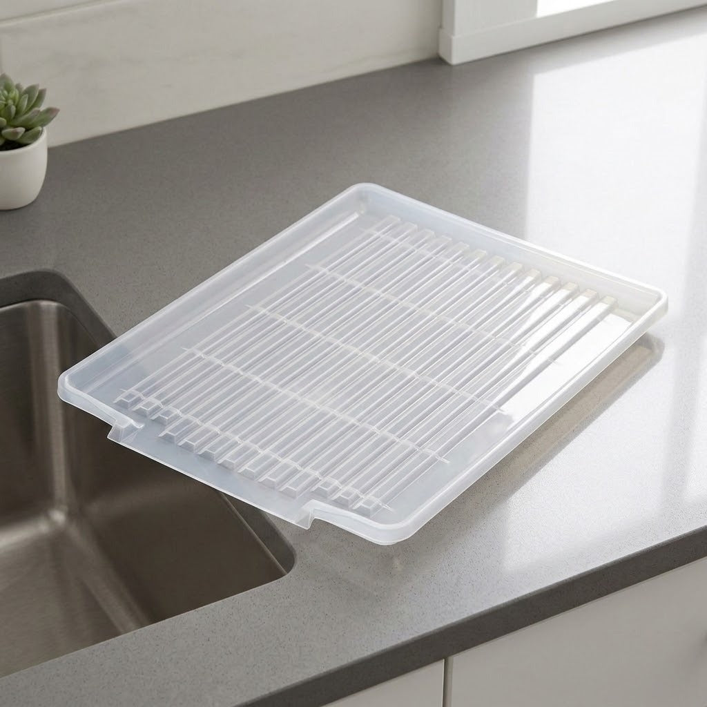 A translucent white plastic drying rack tray resting on a gray kitchen countertop next to a sink.