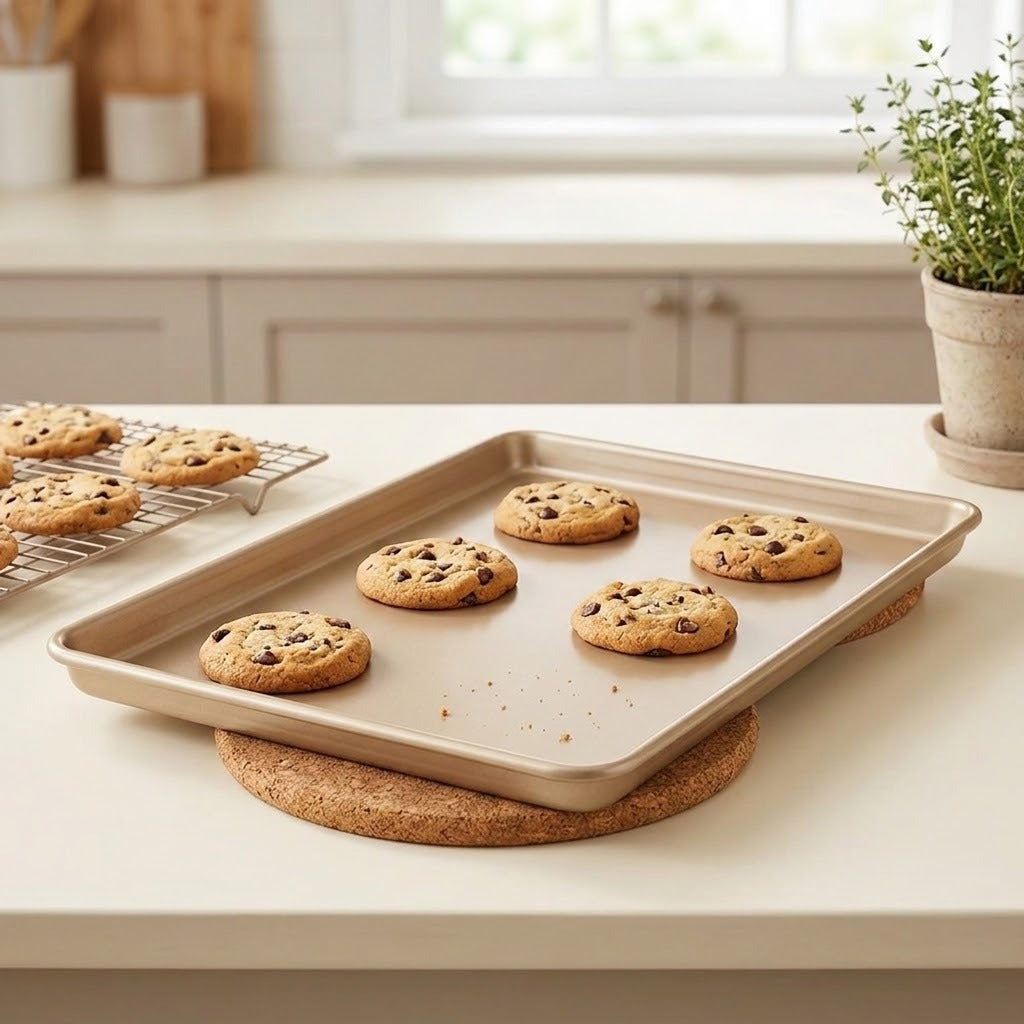 A rectangular beige baking sheet resting on a round cork trivet on a white kitchen countertop, holding several chocolate chip cookies. A cooling rack with more cookies is visible in the background, along with a potted plant and soft kitchen lighting.