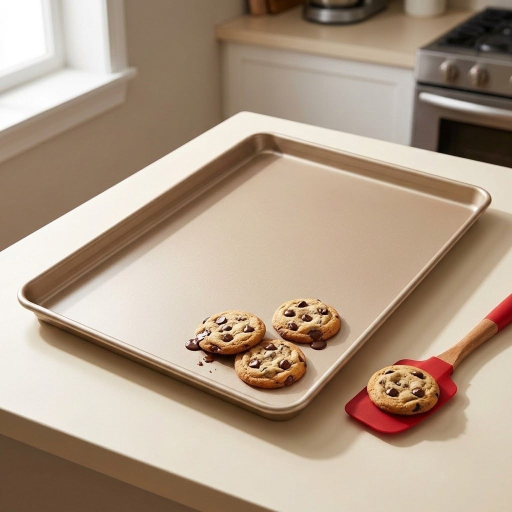 A rectangular beige baking sheet with raised edges sits on a light countertop in a kitchen setting, holding three chocolate chip cookies. A red silicone spatula with a wooden handle rests beside the tray, and a window and stove are visible in the background.