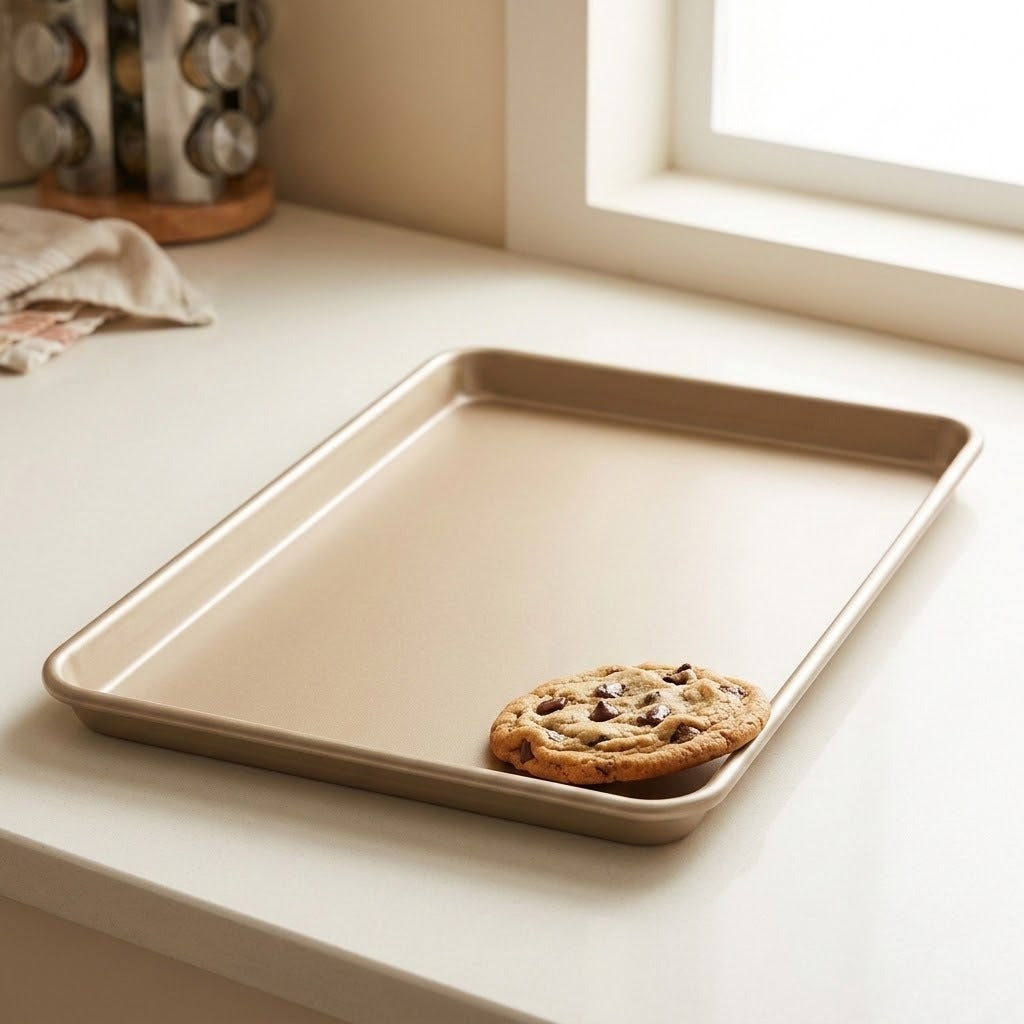 A rectangular beige baking sheet with raised edges sits on a light countertop near a window, with a chocolate chip cookie resting in one corner.