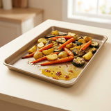 A rectangular metal baking sheet holding roasted vegetables, including carrots, potatoes, and zucchini, sitting on a light countertop in a bright kitchen setting.