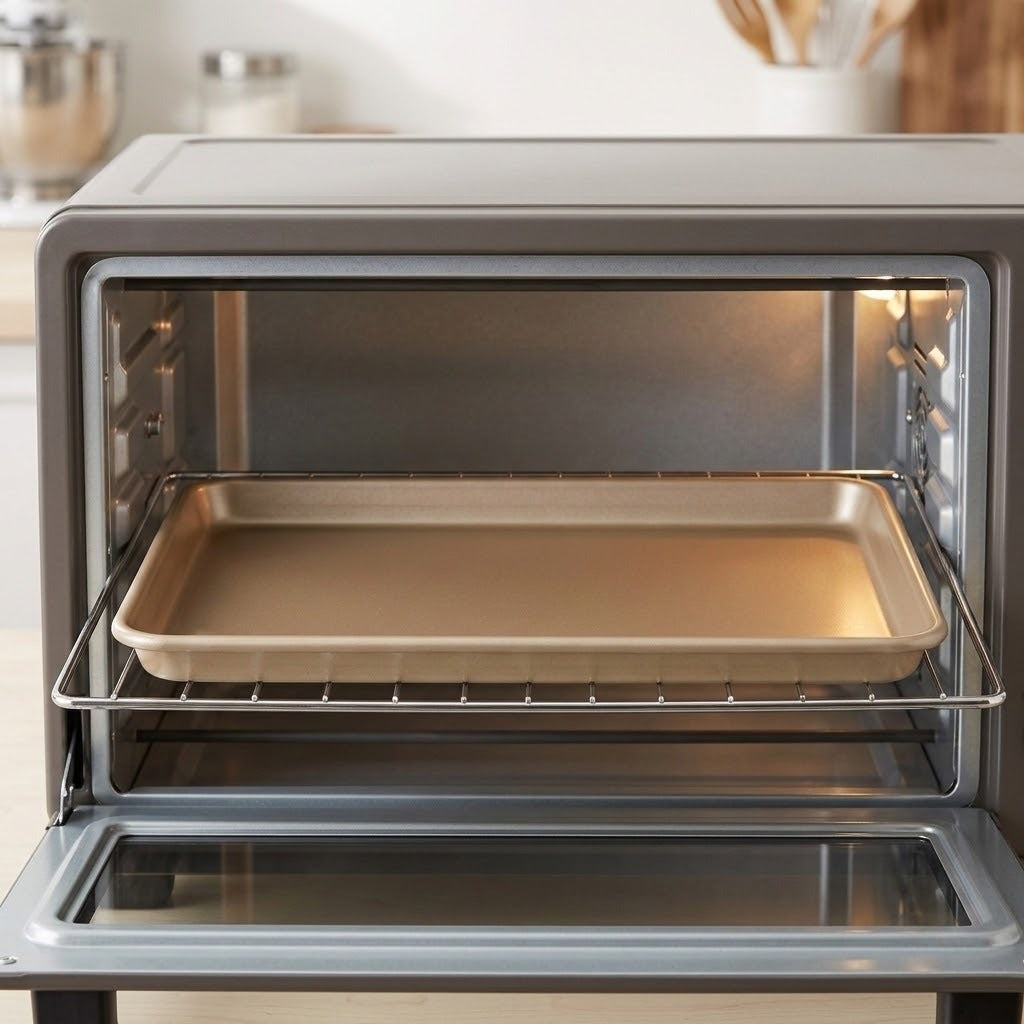 A close-up of a countertop convection oven with the door open, showing a metal baking tray on the interior rack in a kitchen setting.