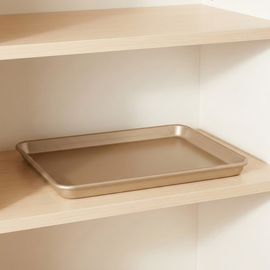 A rectangular metal baking pan with raised edges, shown resting on a light wood shelf against a white wall.