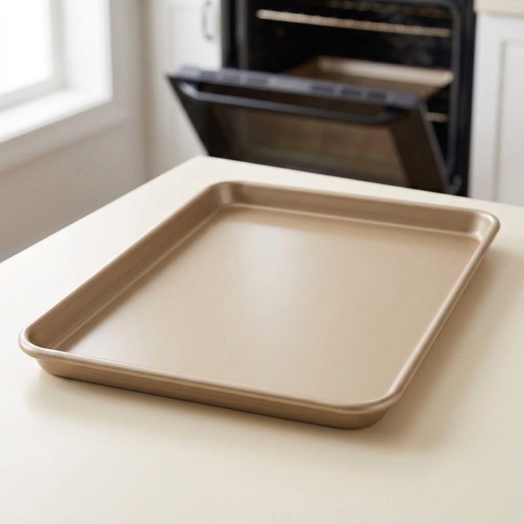 A rectangular non-stick baking sheet in a matte champagne gold finish, resting on a light beige countertop with a blurred kitchen oven in the background.