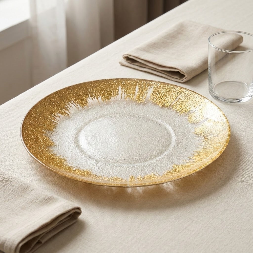 A round decorative plate with a textured white center and a shimmering gold rim, styled on a beige tablecloth with folded napkins and a clear glass in a softly lit interior setting.