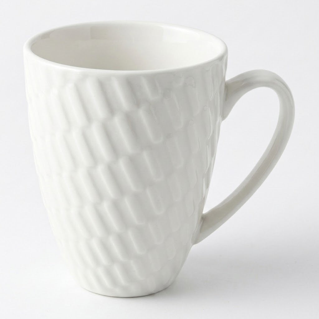 A white ceramic mug with a textured, embossed geometric pattern and a curved handle, shown on a clean white background.