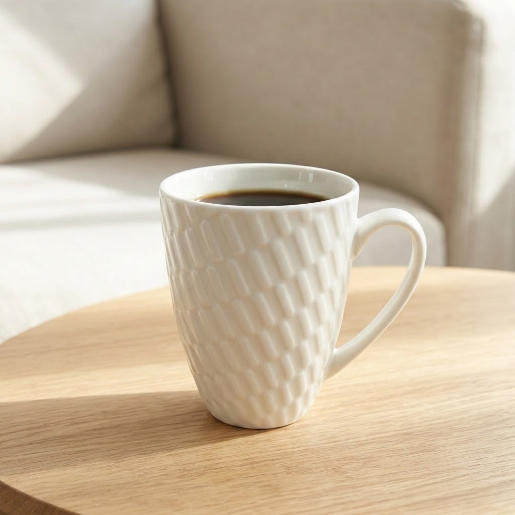 A white ceramic mug with a textured diamond pattern, filled with black coffee and sitting on a light wood table in a softly lit room.