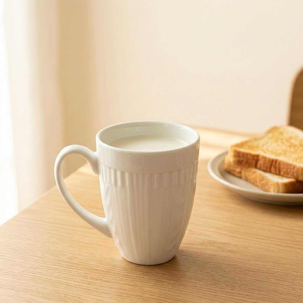 A white ceramic mug with a ribbed texture sits on a light wooden table, filled with milk. In the softly blurred background, a plate with toast is visible.