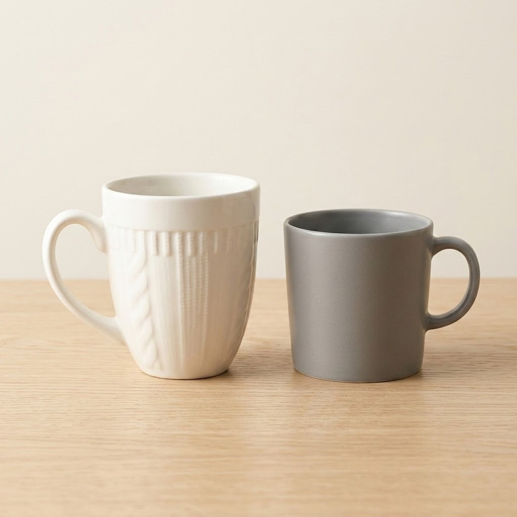 Two ceramic mugs on a light wood tabletop against a warm beige background. The mug on the left is off-white with a ribbed vertical texture and a curved handle.