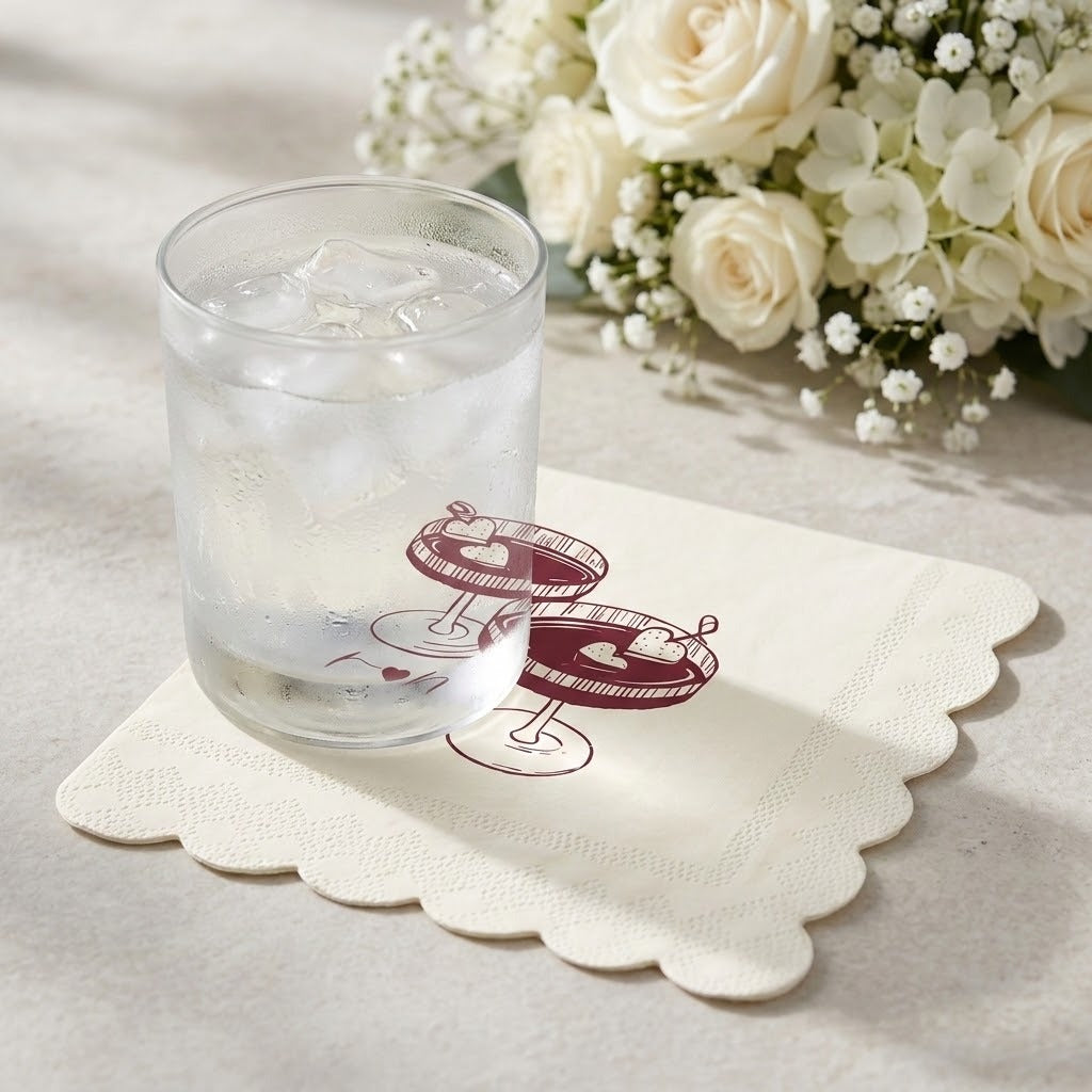 A clear glass tumbler filled with ice sits on a scalloped cream napkin printed with a burgundy cocktail glass illustration. The napkin is placed on a light tabletop with white flowers blurred in the background.