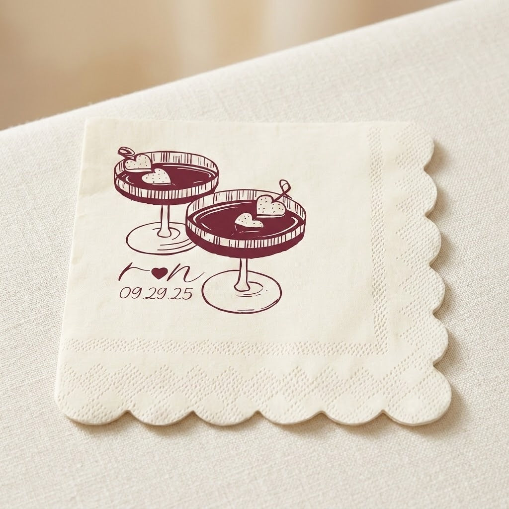 A square cream-colored paper napkin with scalloped edges, printed with a burgundy illustration of two dessert glasses and the text 'I <heart> u 09.29.
