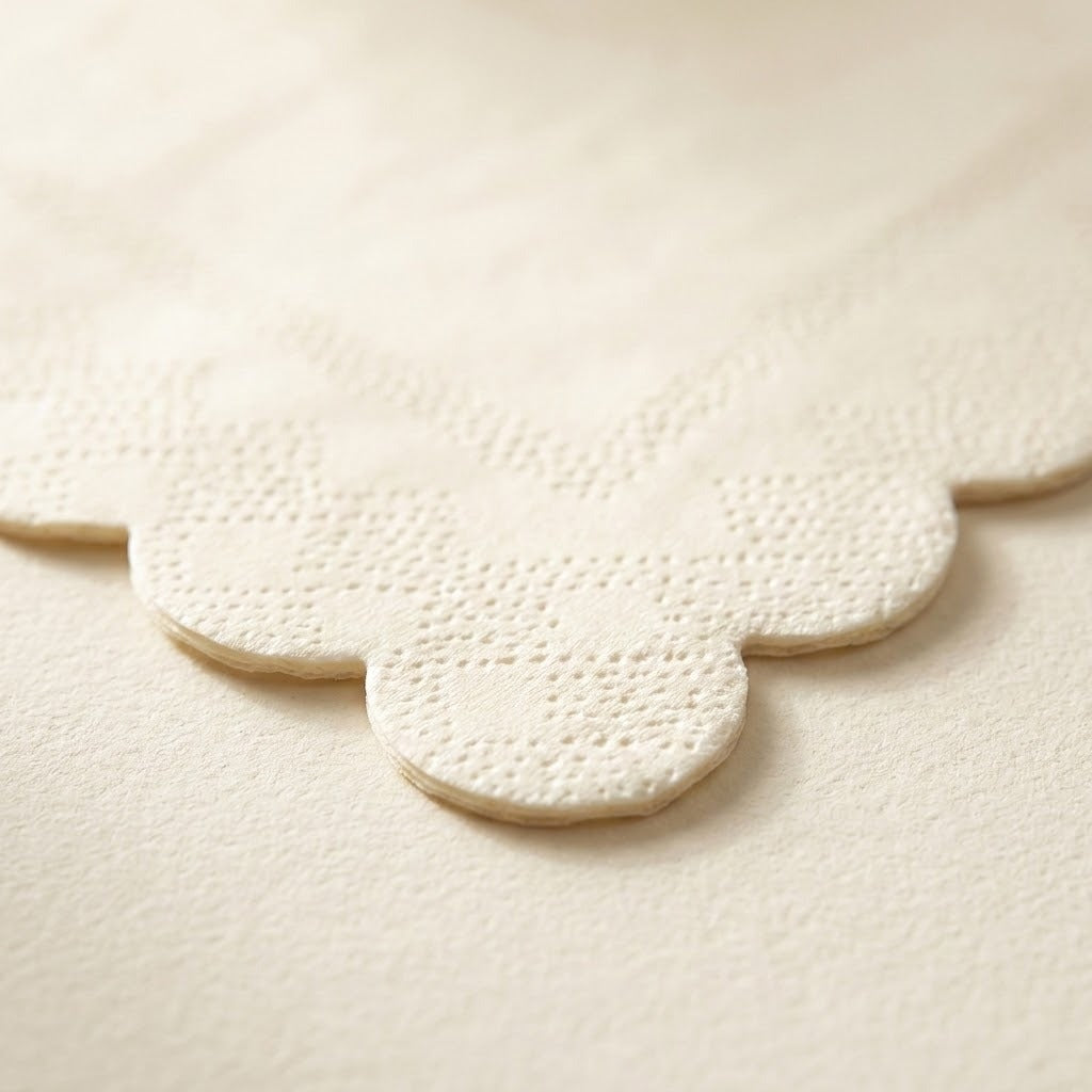 A close-up of a cream-colored textured paper doily with a scalloped edge, laid flat on a matching textured paper surface.