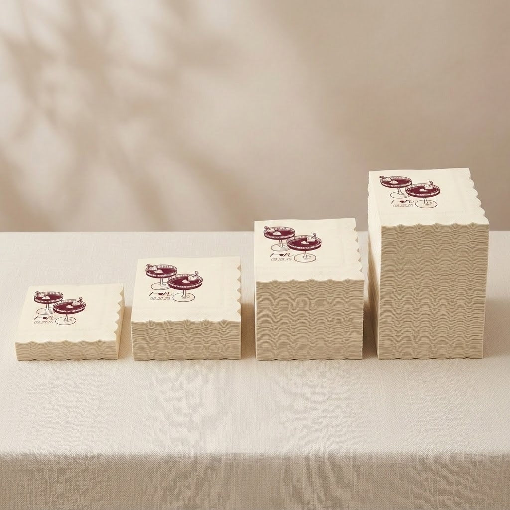 Four stacks of cream-colored paper napkins with scalloped edges, each printed with a small illustration of two coffee cups and the word 'Cappuccino', arranged in ascending sizes on a light beige tablecloth.