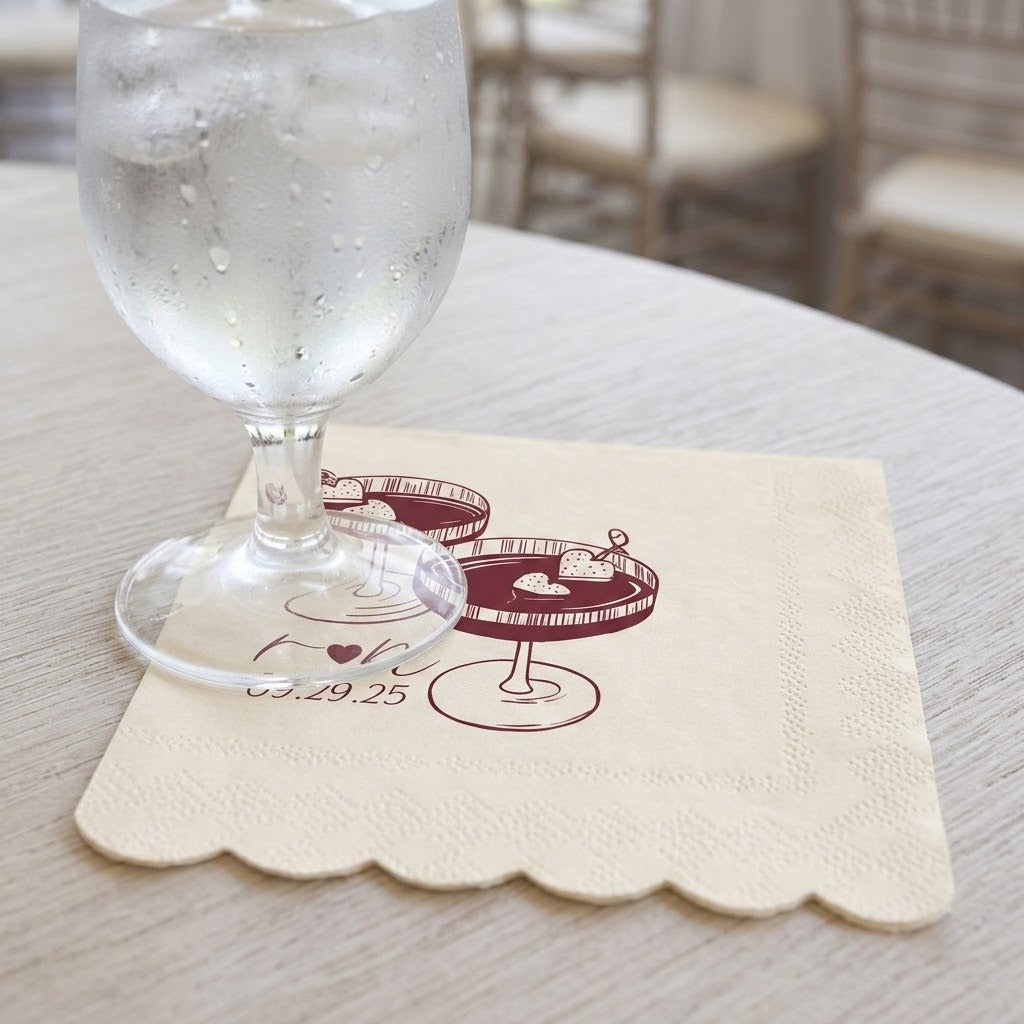 A square cream-colored paper napkin with scalloped edges, printed with a burgundy illustration of a dessert stand and the date '05.29.