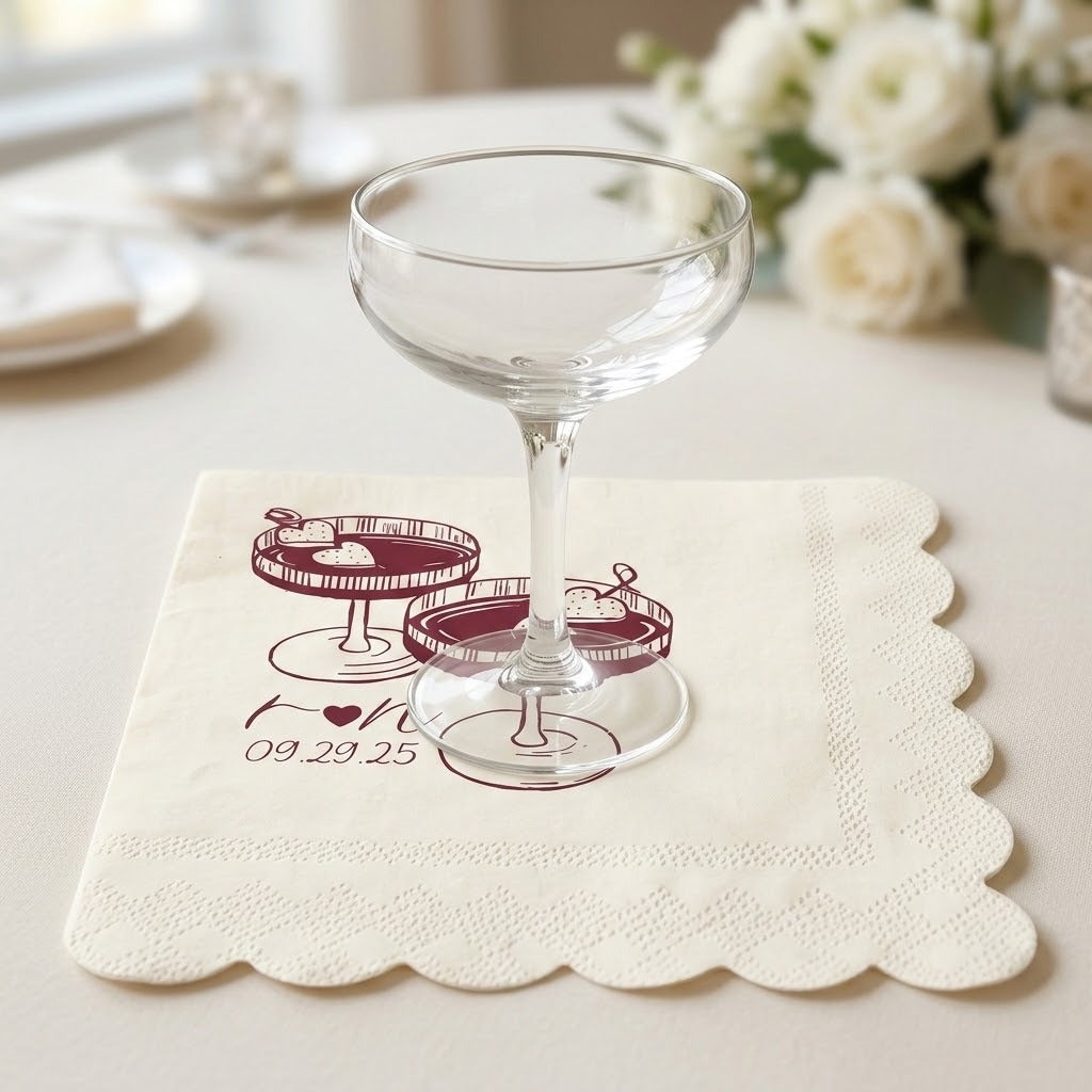 A clear stemmed coupe glass placed on a cream scalloped napkin printed with burgundy dessert illustrations and the date '09.29.