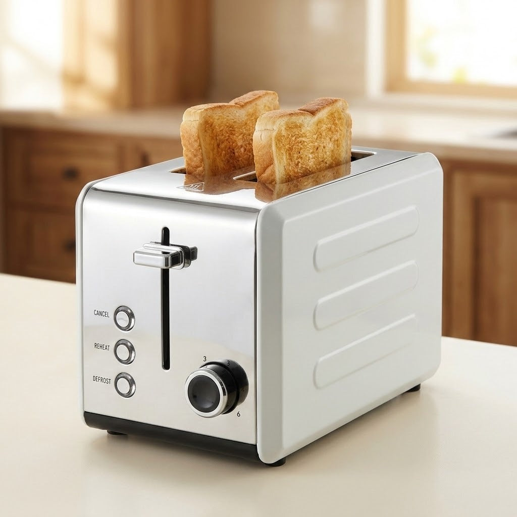 A silver and white 2-slice toaster sits on a kitchen counter with two slices of toast popping out. The background shows a softly blurred kitchen interior with wooden cabinets and warm light.