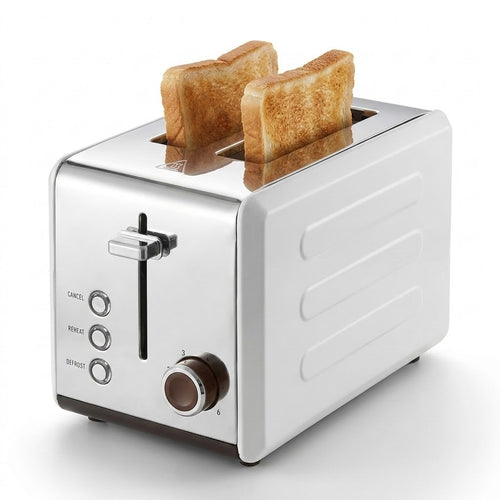 A modern two-slot toaster with a white body, brushed silver metal sides, and a dark brown control dial, shown with two slices of toasted bread inserted on a clean white background.