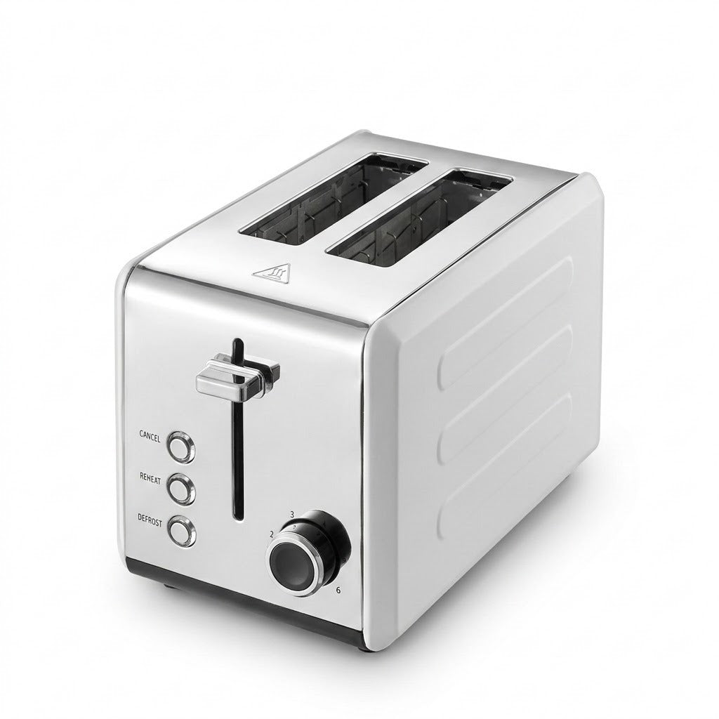 A modern two-slot toaster with a brushed stainless steel body and black accents, shown on a clean white background.