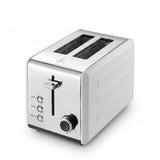 A modern two-slot toaster with a brushed stainless steel body and black accents, shown on a clean white background.
