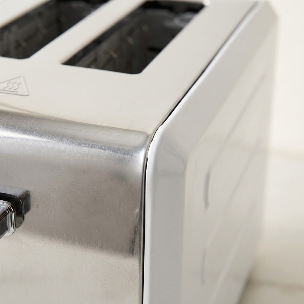 Close-up of a stainless steel and white toaster, showing the side panel, brushed metal edge, and part of the top slot opening.
