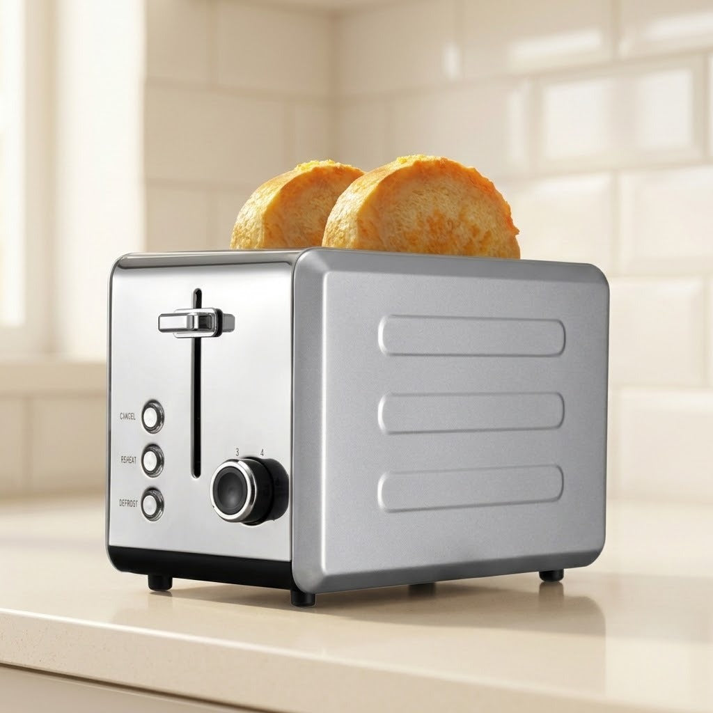 A silver and black 2-slice toaster sits on a light beige countertop in a bright kitchen setting, with two slices of toast emerging from the top slot.