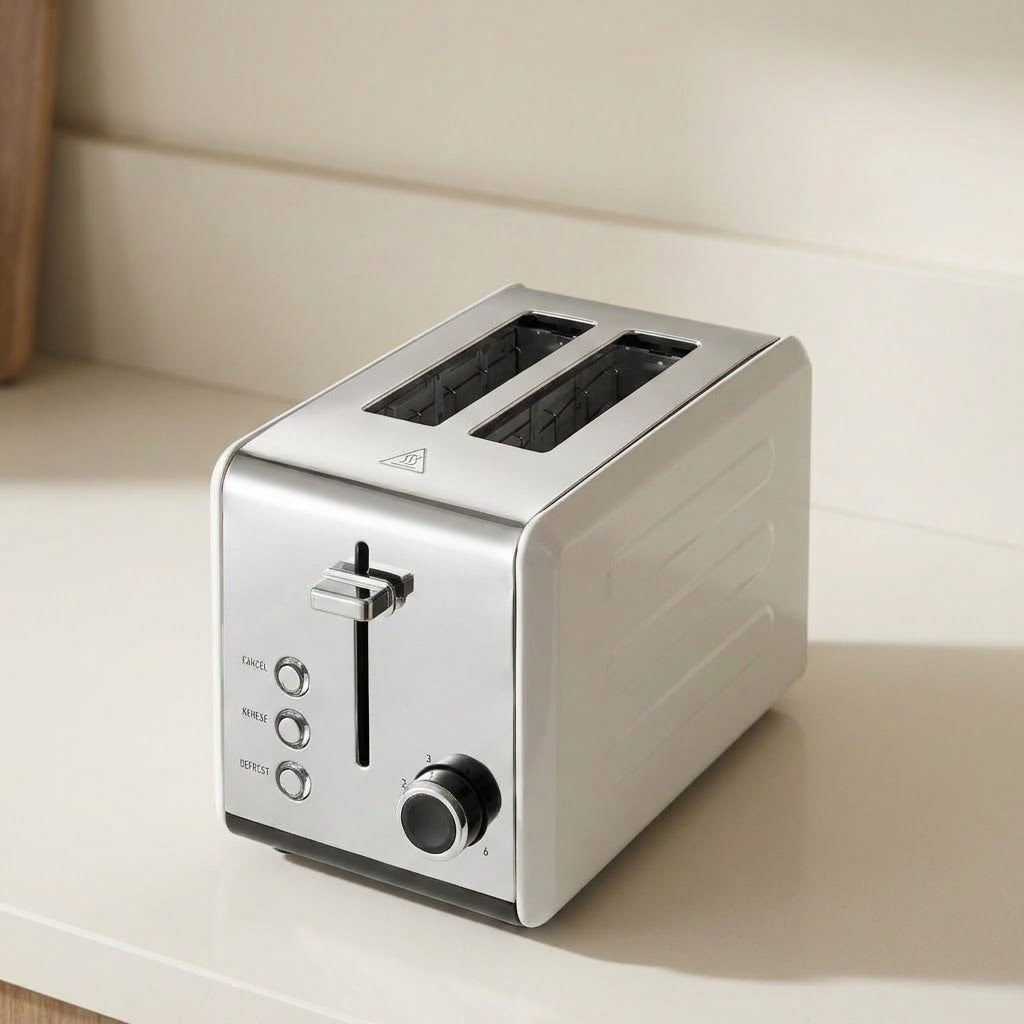 A modern two-slot toaster with a brushed silver metallic finish, featuring a sliding lever, two slots, and a round dial, shown on a light beige countertop.