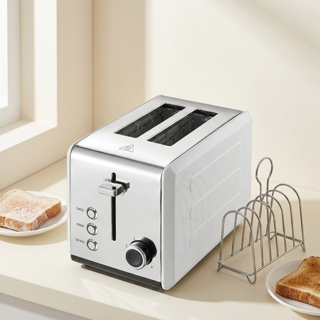 A silver and black 4-slice toaster sits on a light beige countertop in a kitchen setting, flanked by two plates of toast and a metal toast rack.