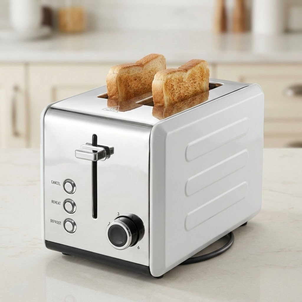 A white and stainless steel 4-slice toaster with two slices of toast popping out, set on a light marble countertop in a blurred kitchen background.