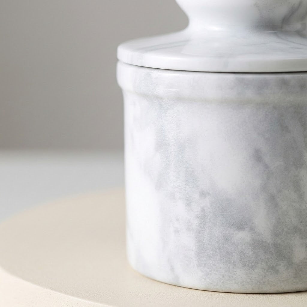 A close-up of a white and gray marble lidded container or jar sitting on a light beige surface against a soft gray background.