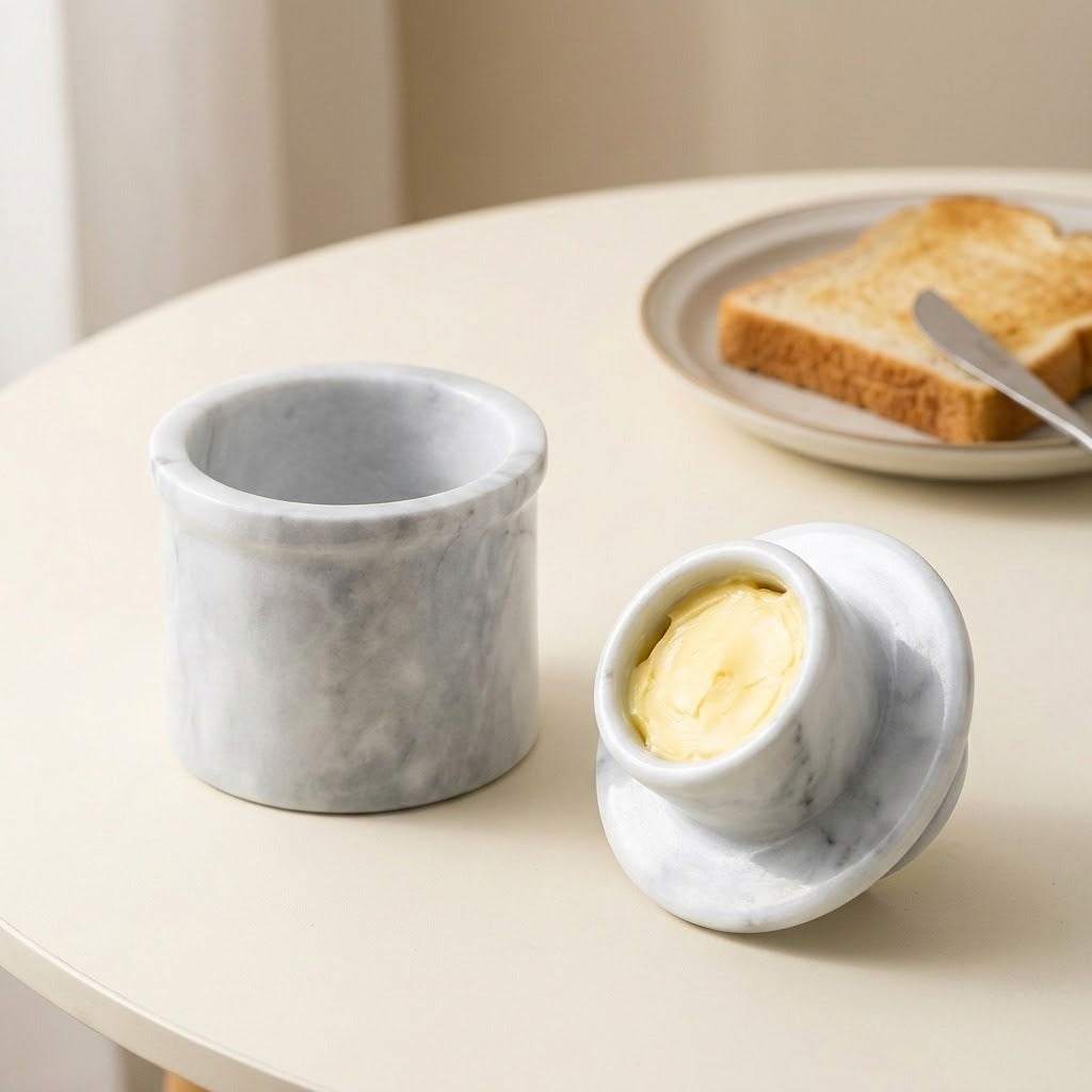 A small round marble butter dish with a matching lid, shown open with butter inside, on a light beige table. A plate with toast and a knife is blurred in the background.