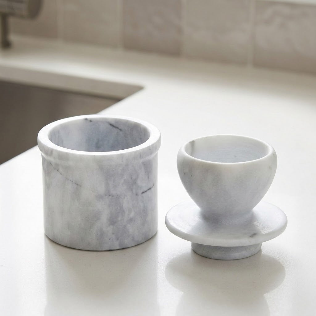 A pair of white marble bathroom accessories, including a cylindrical container and a small bowl with a matching saucer, displayed on a light countertop.