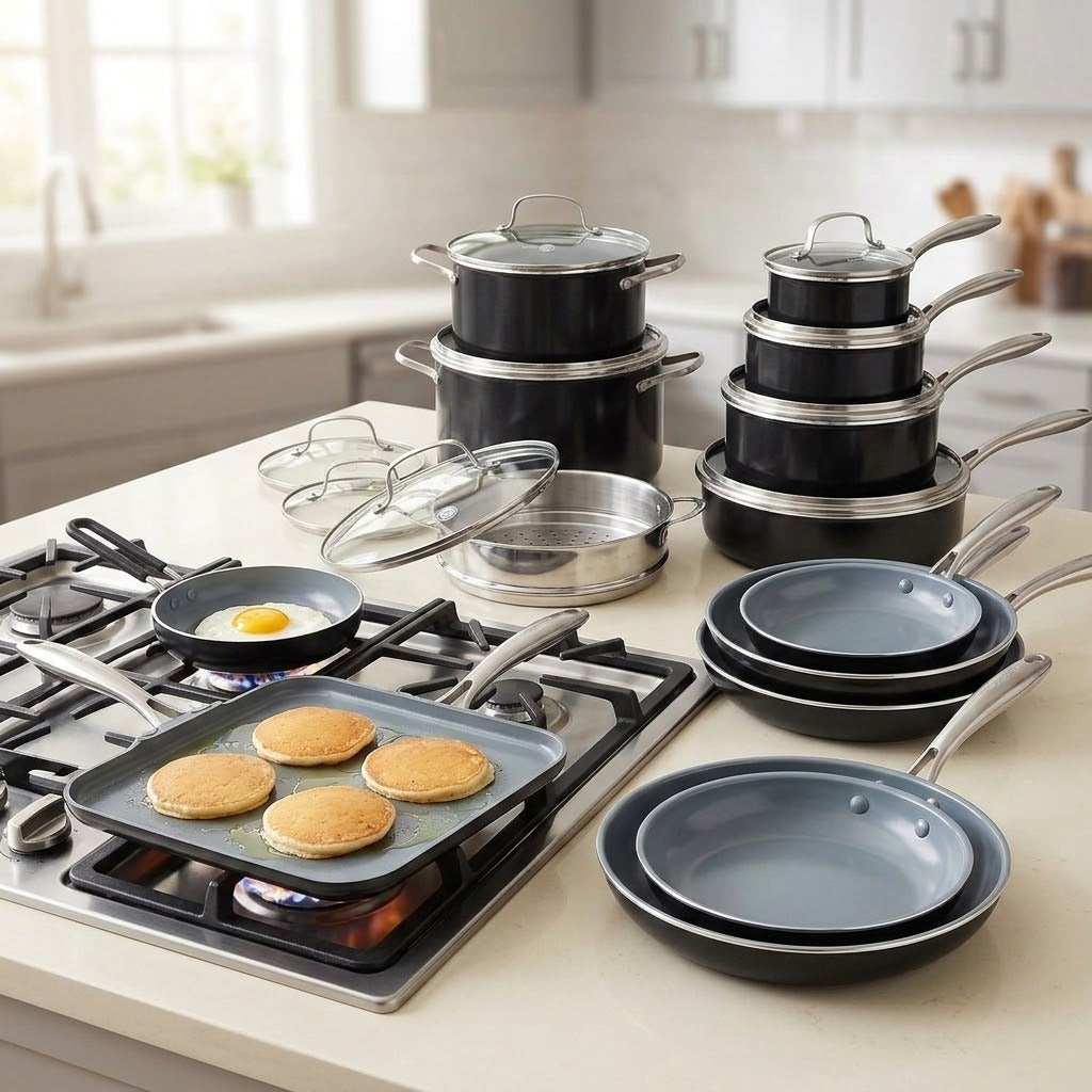 A multi-piece nonstick cookware set arranged on a kitchen countertop, including black and gray pots with lids, stainless steel pots, frying pans, a skillet with pancakes cooking on a gas stove, and glass lids. A real kitchen environment is visible in the background.