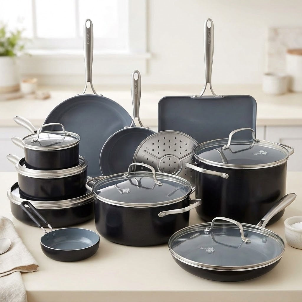A 16-piece cookware set in matte dark gray with stainless steel handles and trim, displayed on a light beige countertop in a bright, modern kitchen setting.