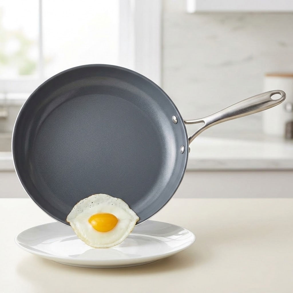 A dark gray non-stick frying pan with a stainless steel handle, shown tilted over a white plate with a fried egg resting on the rim, set against a softly blurred kitchen background.