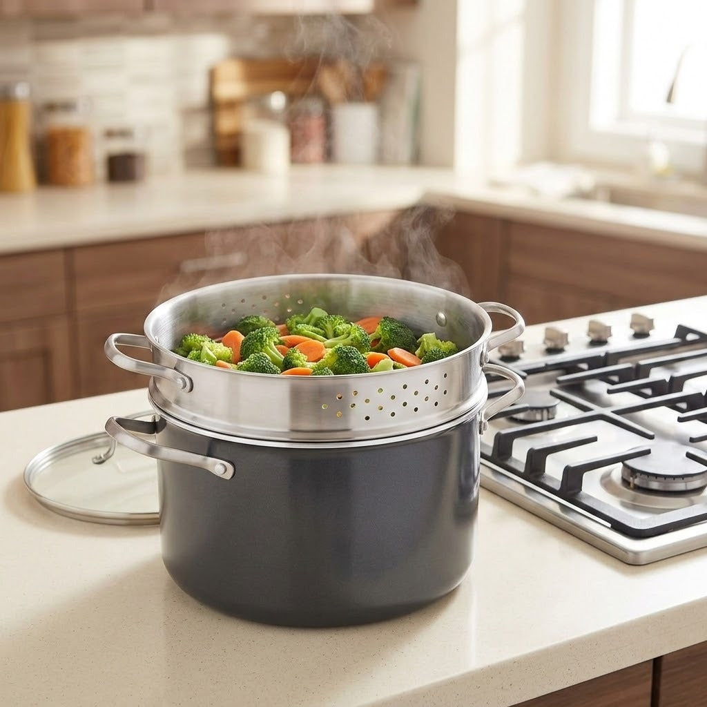 A dark gray and stainless steel steamer pot set on a kitchen countertop with vegetables cooking inside and steam rising. A gas stove is visible in the background, and the product is shown in a real kitchen environment.