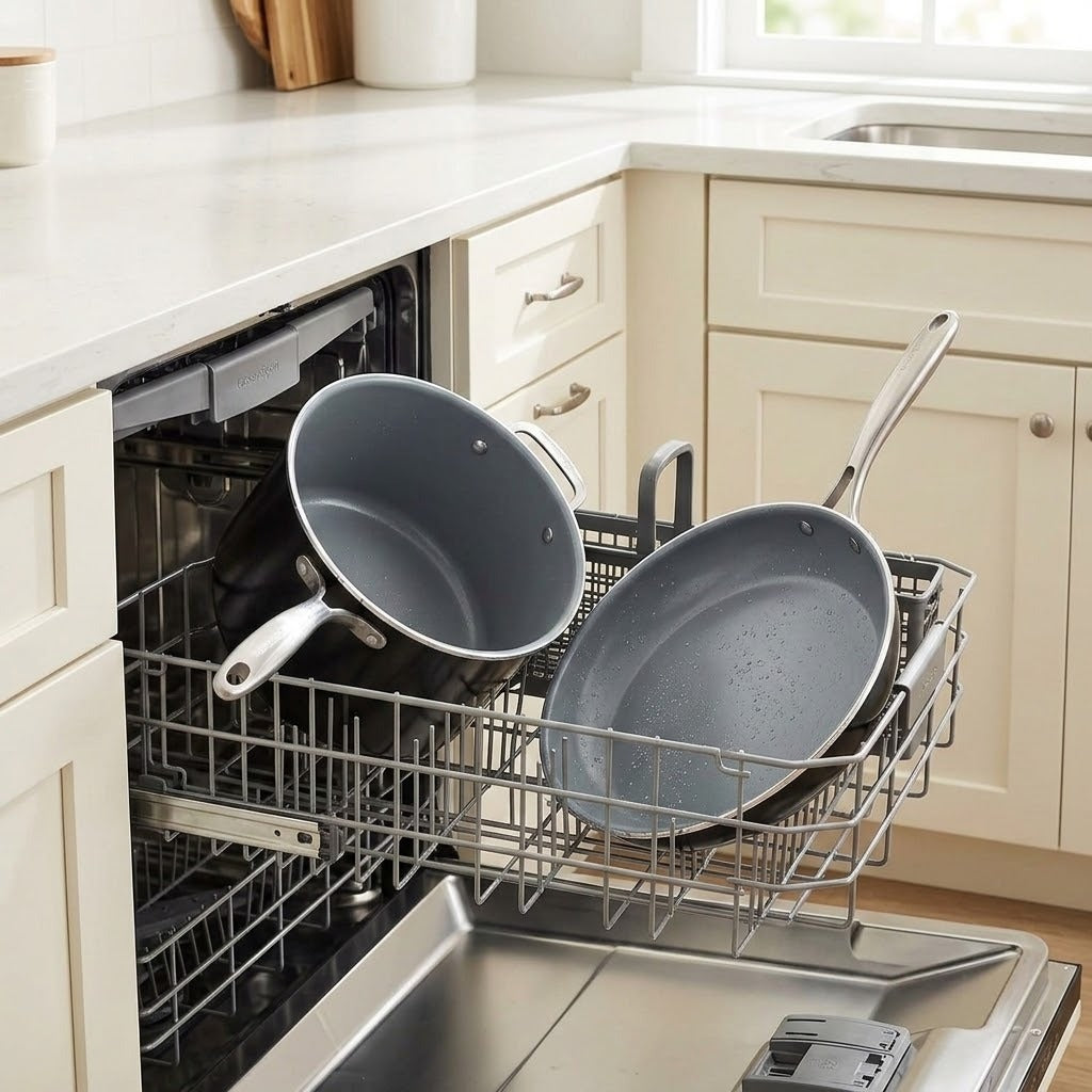 Gray nonstick cookware, including a saucepan and frying pan, loaded into a stainless steel dishwasher inside a bright kitchen.