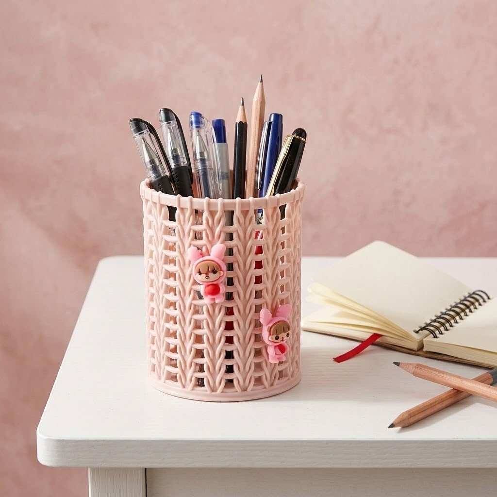 A pink plastic pencil holder with a knitted pattern and two small cartoon charms, filled with pens and pencils, sitting on a white desk next to an open notebook.