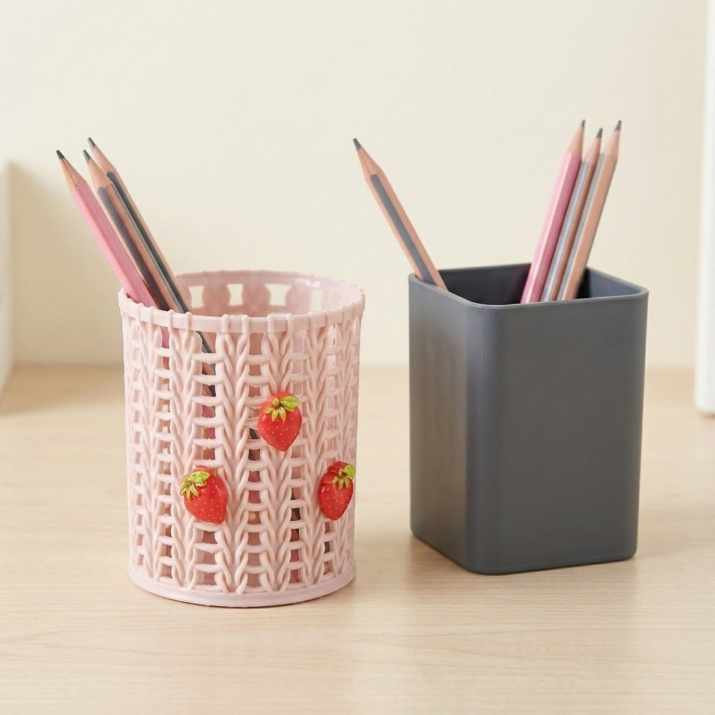 Two pencil holders on a light wood desk against a cream wall. The left holder is a pink knitted-texture cup with three red strawberry decorations, holding three pencils.