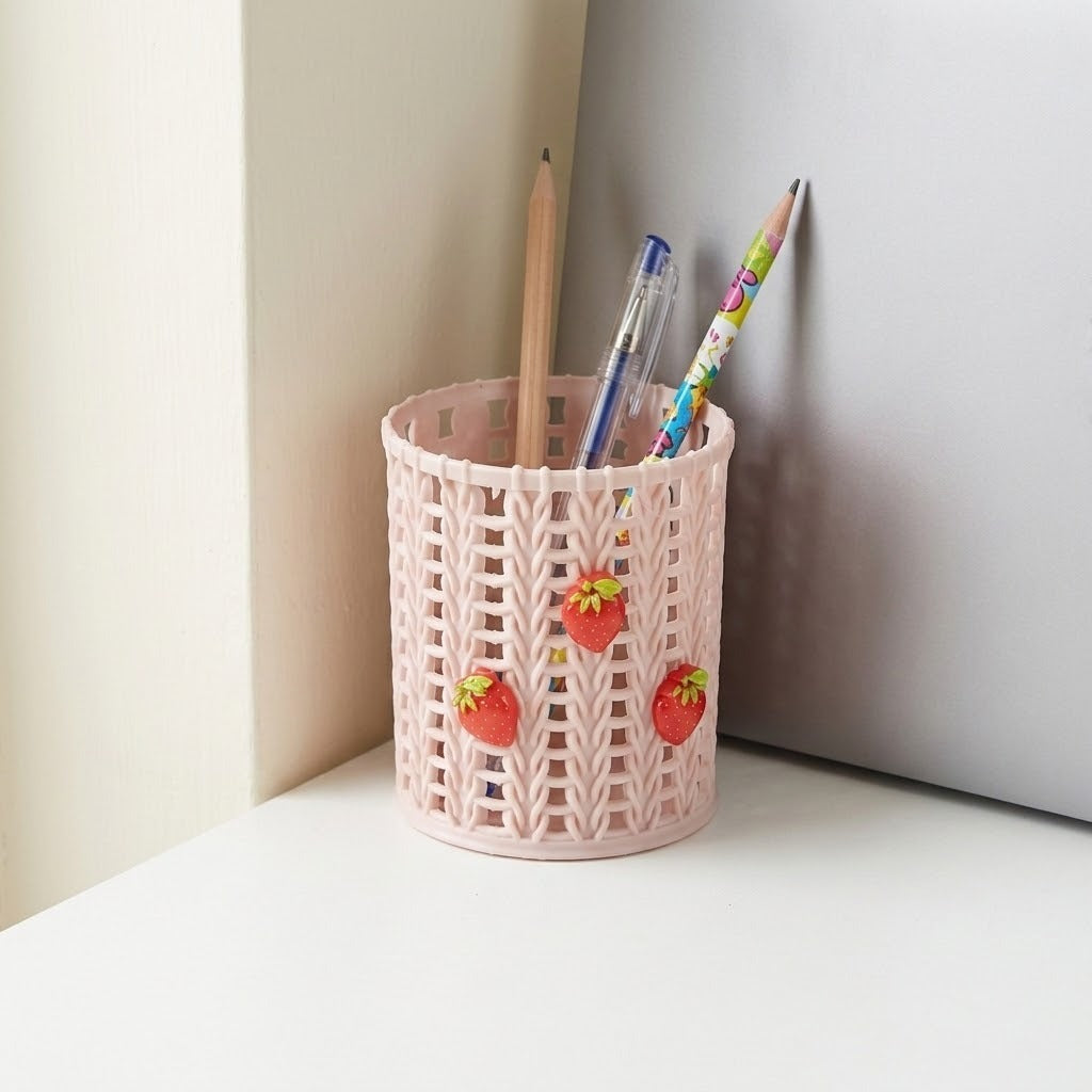 A light pink plastic pencil holder with a knitted texture and strawberry details, holding three pencils on a white desk against a neutral background.