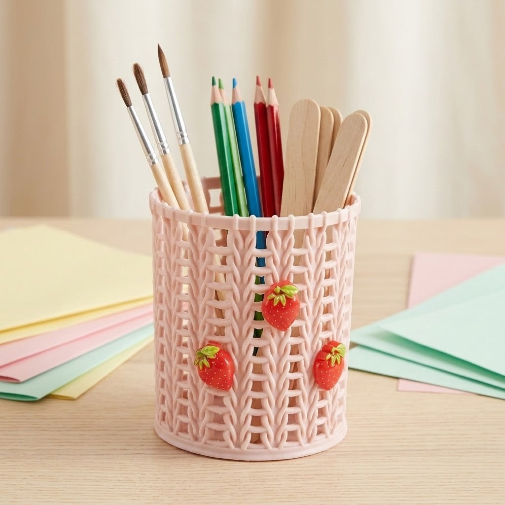 A pink plastic pencil holder with a knitted texture and strawberry decorations, filled with art supplies including paintbrushes, colored pencils, and wooden sticks, set on a light wooden desk with pastel paper stacks in the background.