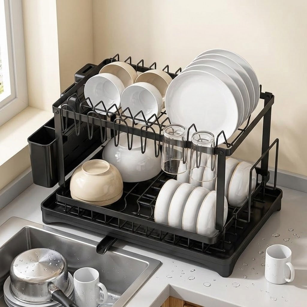 A black plastic and metal dish rack filled with white plates, bowls, and glasses, set on a kitchen counter next to a sink.