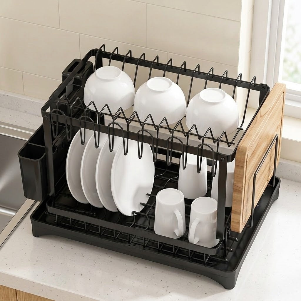 A black two-tier dish rack with a wooden side panel, shown on a kitchen counter holding white plates, bowls, and mugs.